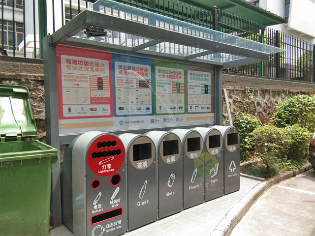 深圳機關單位新款六分類玻金塑紙垃圾分類收集容器戶外擺放圖